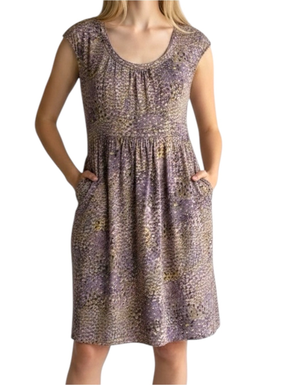 Boden Tan & Purple Peacock Printed Margot Cap Sleeve Jersey Dress with Pockets